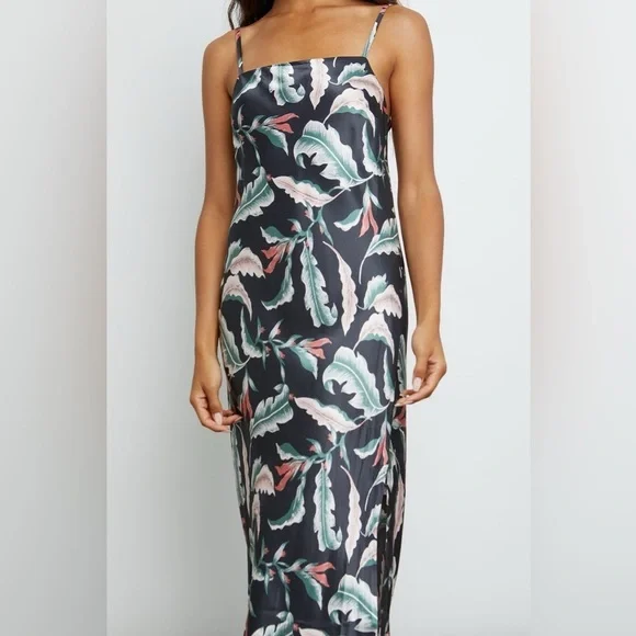 Rails / Mina Dress slip black leaf floral midi silky Paradiso XS